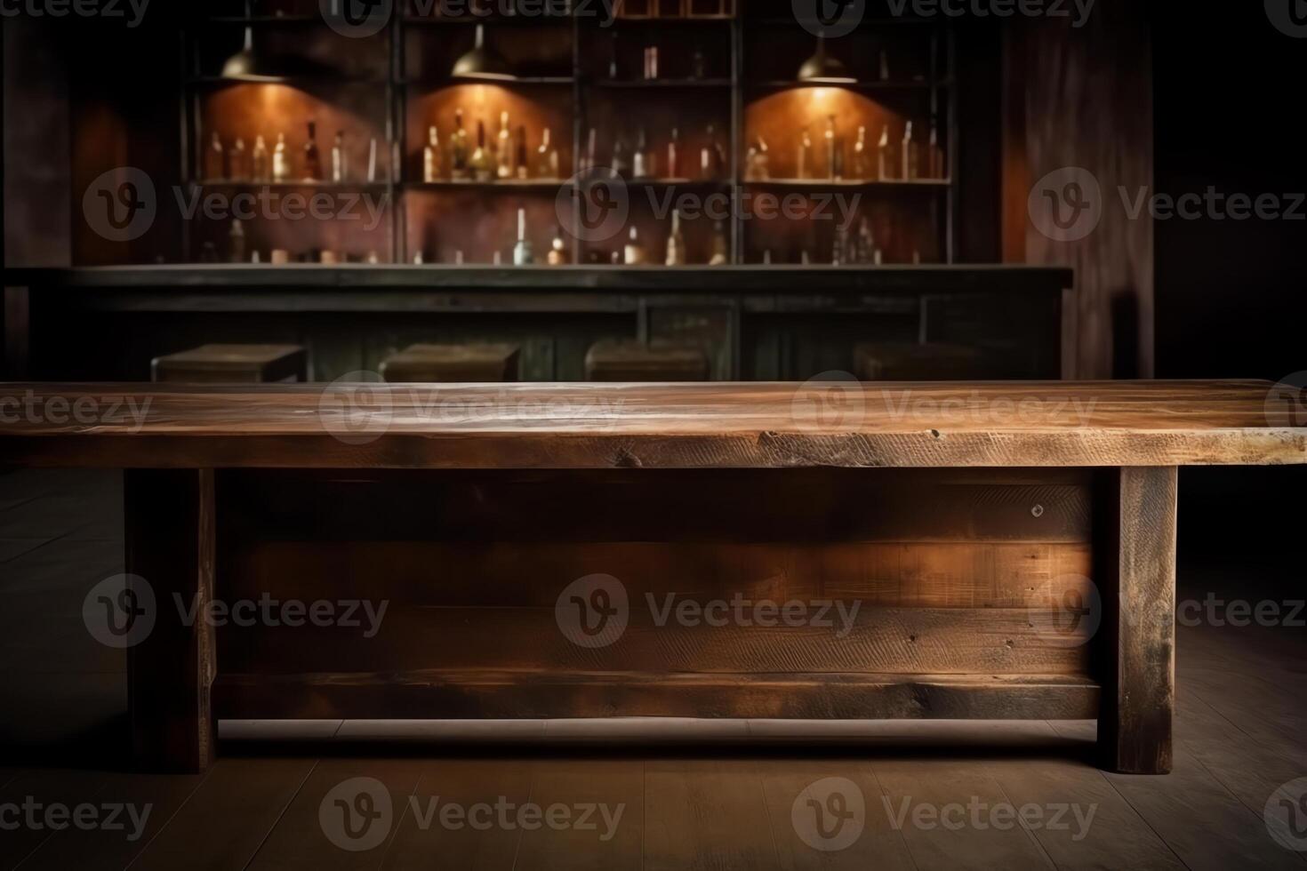 Pub bar counter with wooden table background. photo