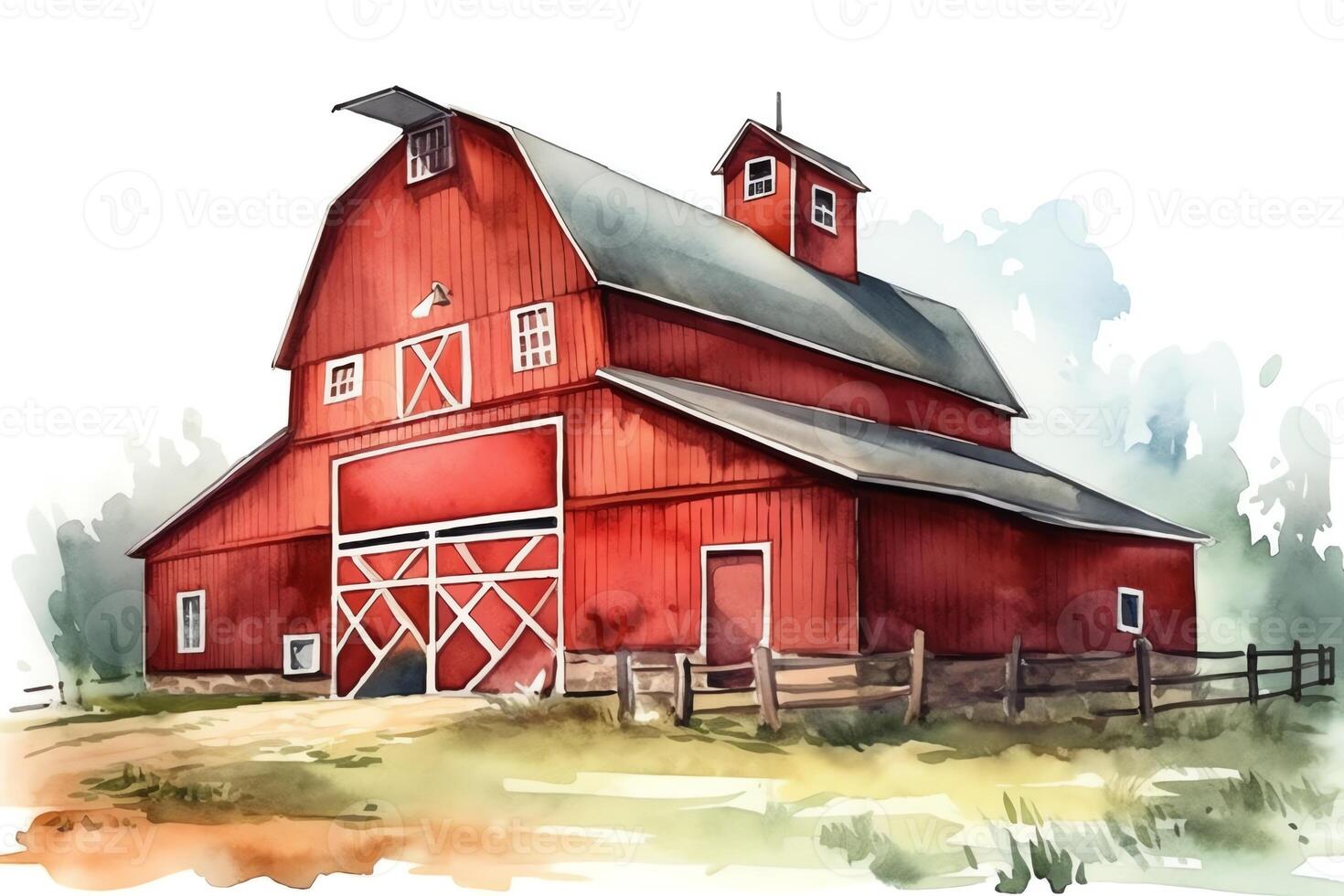 Red wooden barn farmhouse watercolor illustration. photo