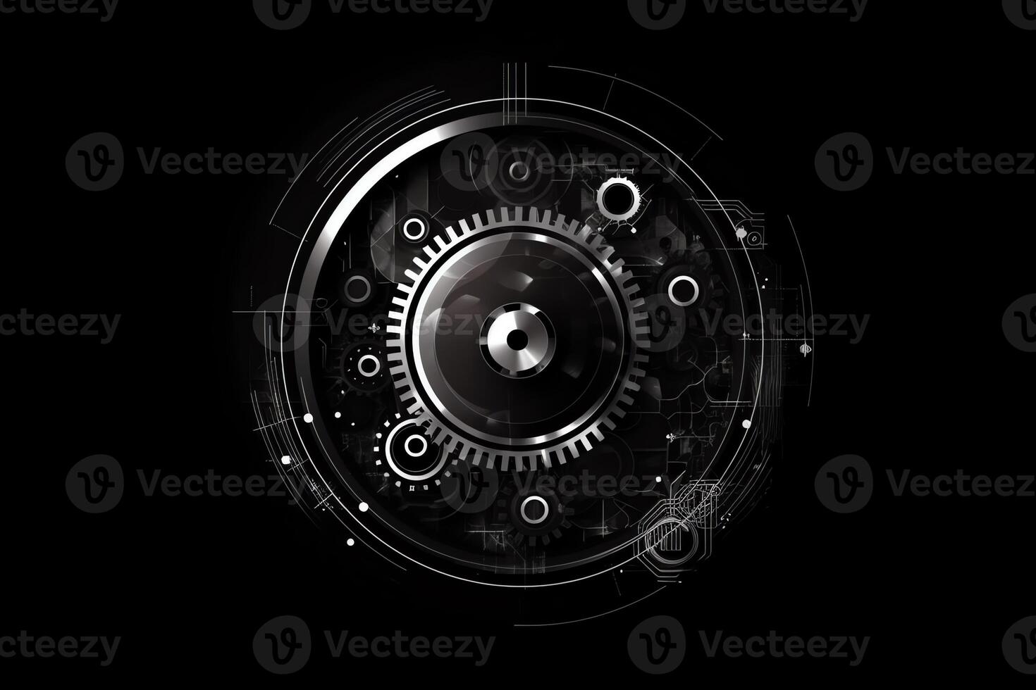 Technology white circle gear connect with system or server concept in mation digital abstract black background illustration. photo