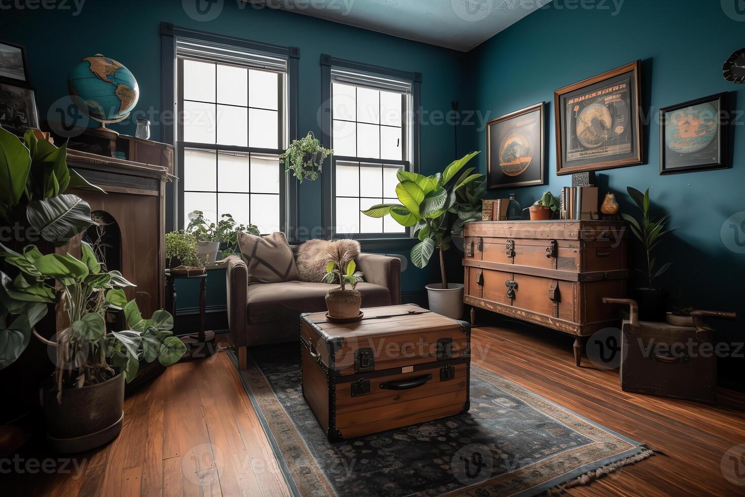 Bohemian living room with antique side table potted houseplants black framed faux photo blue wall and hardwood floor.