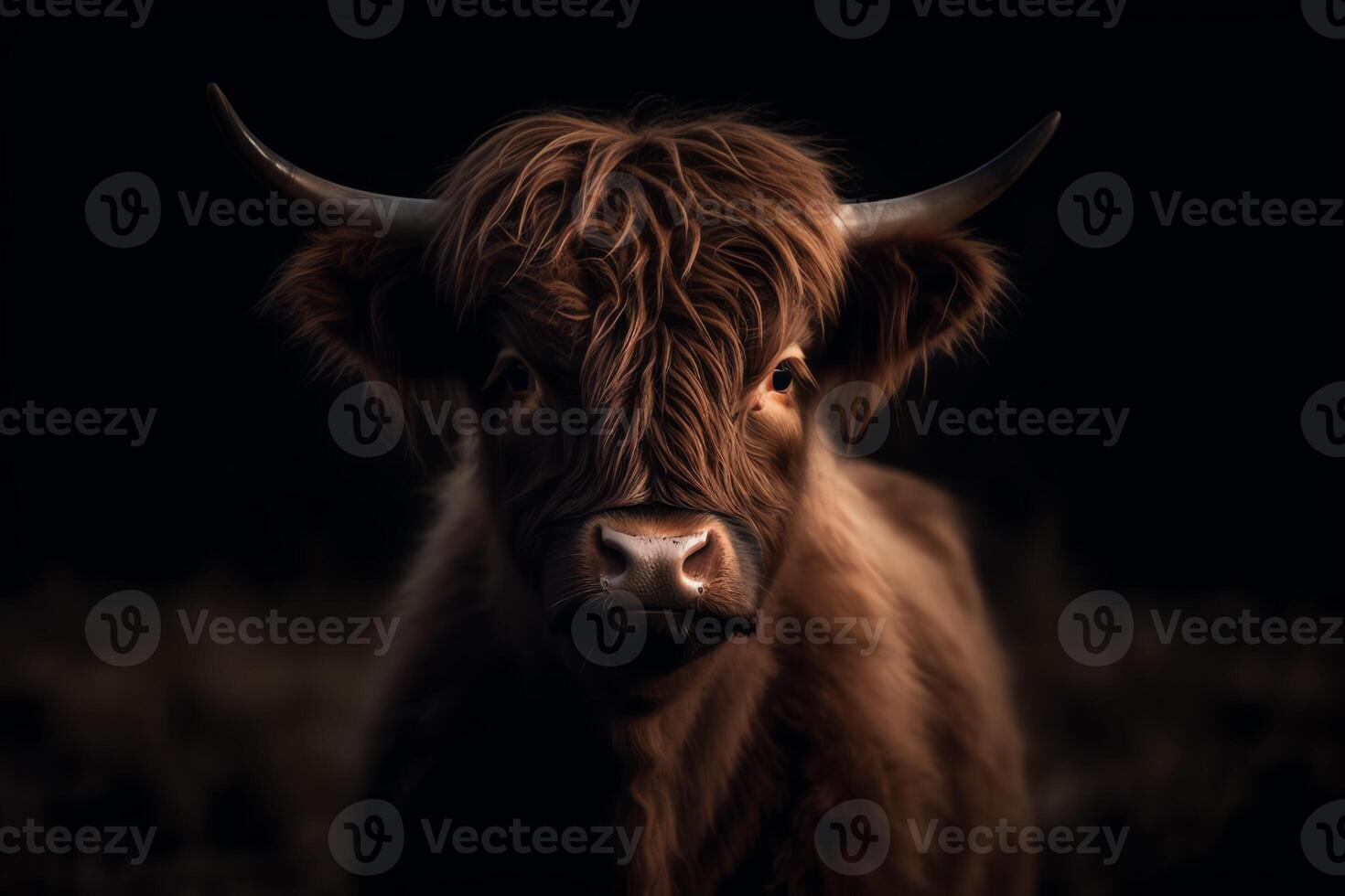 Portrait of highland cow calf in scotland dark colors. photo