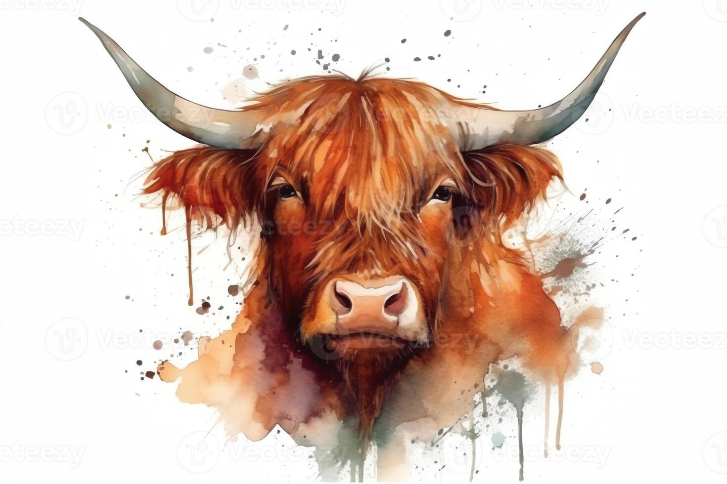 Scottish highland cow head handdrawn watercolor illustration year of the ox 2021. photo