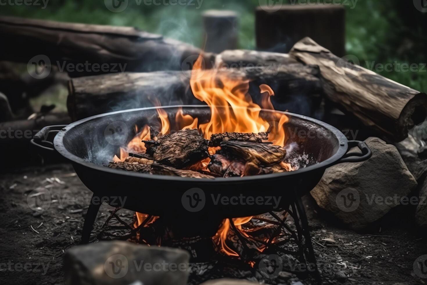 al aire libre Cocinando a hoguera comida en fuego patio interior parrilla. ai generado foto