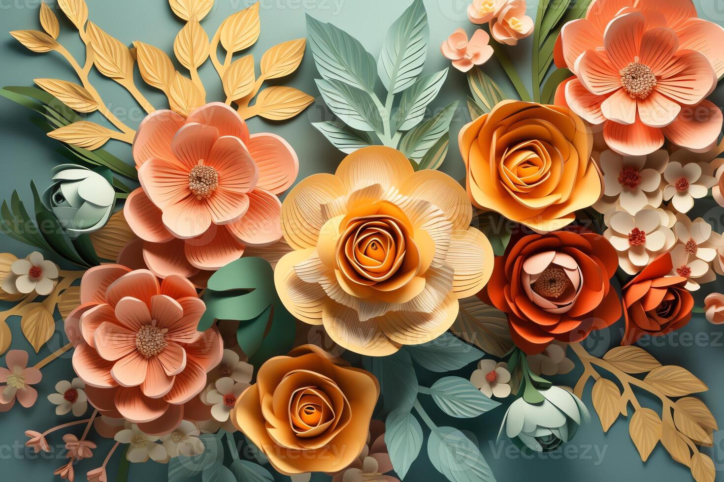 3D floral craft wallpaper orange rose green and yellow flowers in light background kids room wall decor. photo