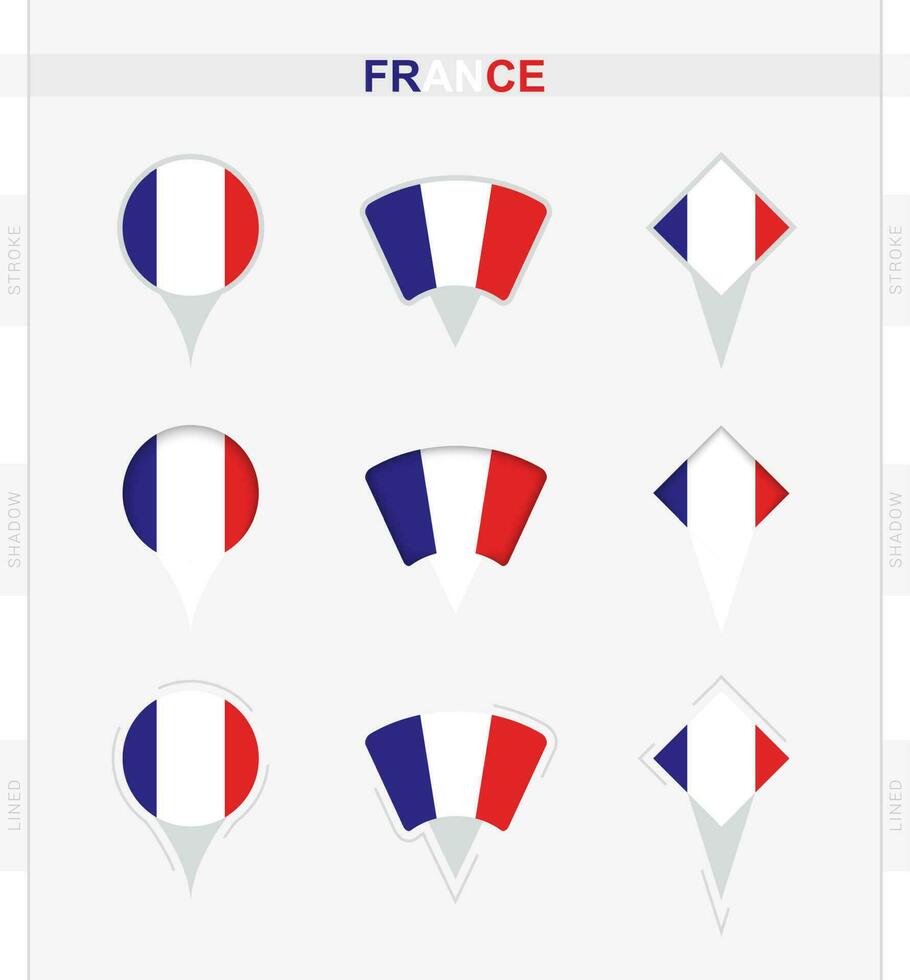 Francia bandera, conjunto de ubicación alfiler íconos de Francia bandera. vector