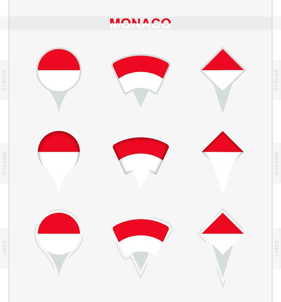 Monaco flag, set of location pin icons of Monaco flag. vector