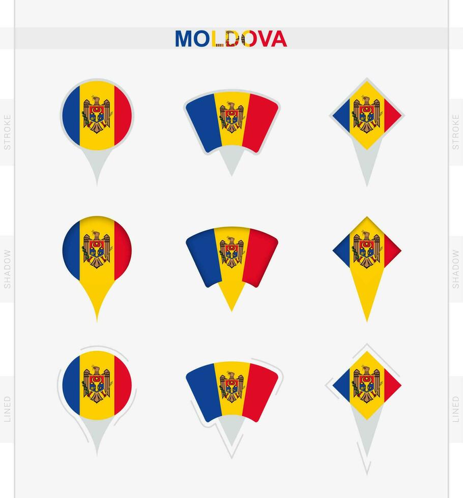 Moldova flag, set of location pin icons of Moldova flag. vector