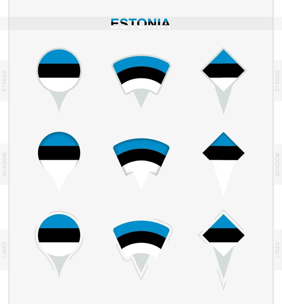 Estonia bandera, conjunto de ubicación alfiler íconos de Estonia bandera. vector