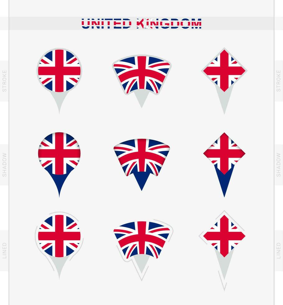 United Kingdom flag, set of location pin icons of United Kingdom flag. vector