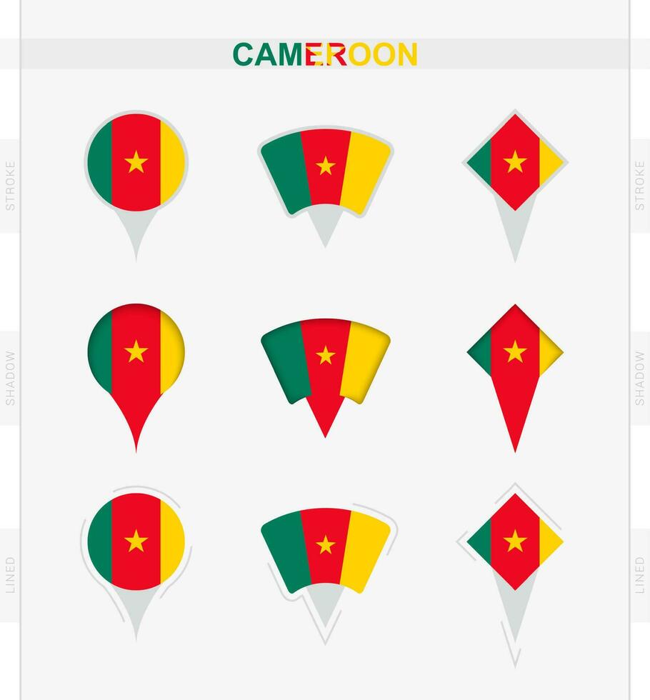 Cameroon flag, set of location pin icons of Cameroon flag. vector