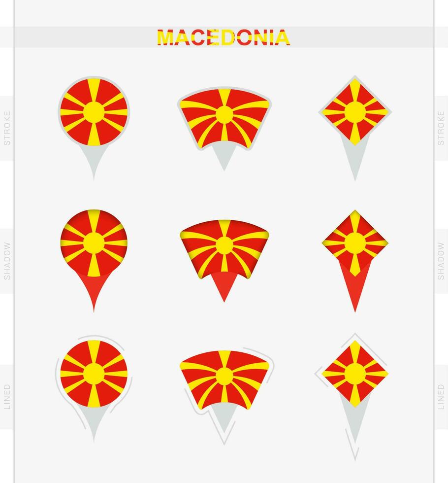 macedonia bandera, conjunto de ubicación alfiler íconos de macedonia bandera. vector