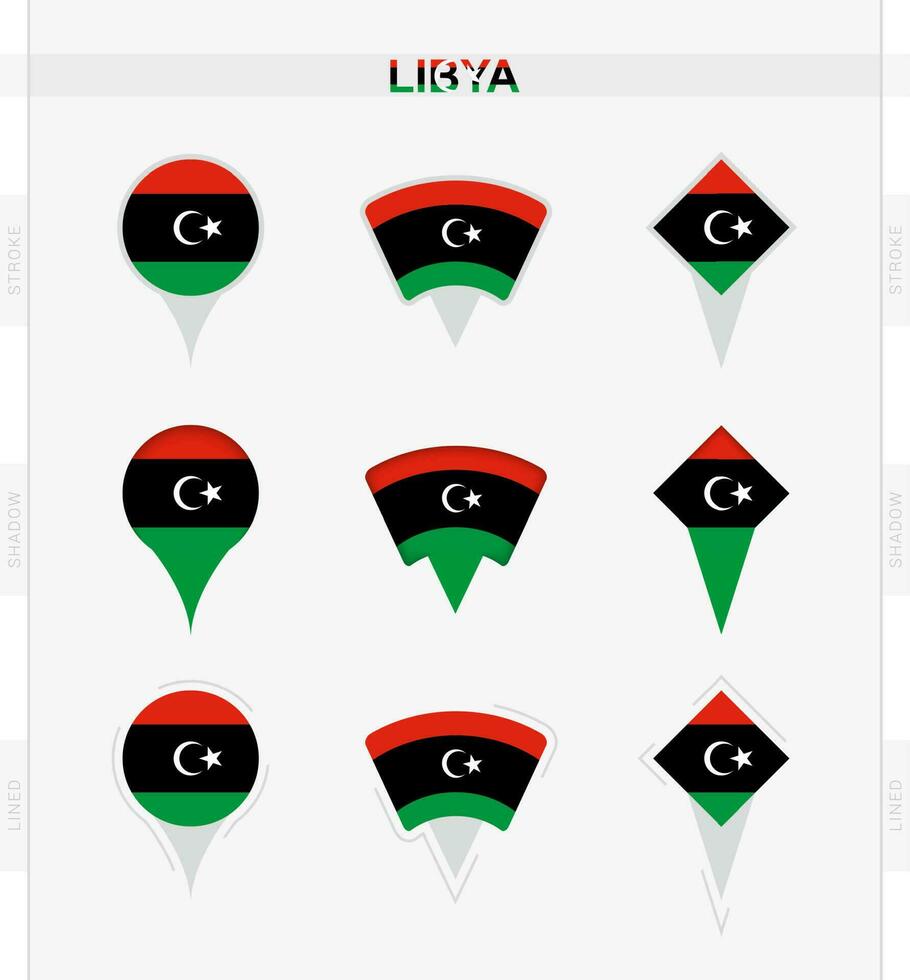 Libia bandera, conjunto de ubicación alfiler íconos de Libia bandera. vector