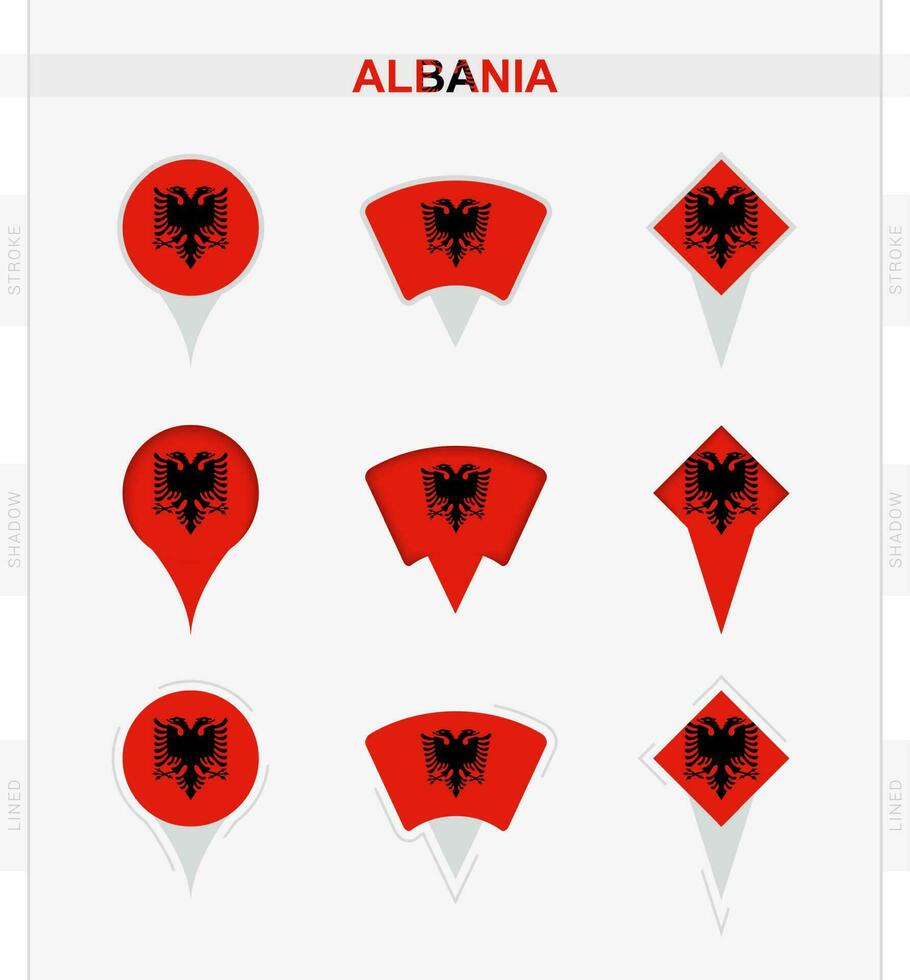 Albania flag, set of location pin icons of Albania flag. vector