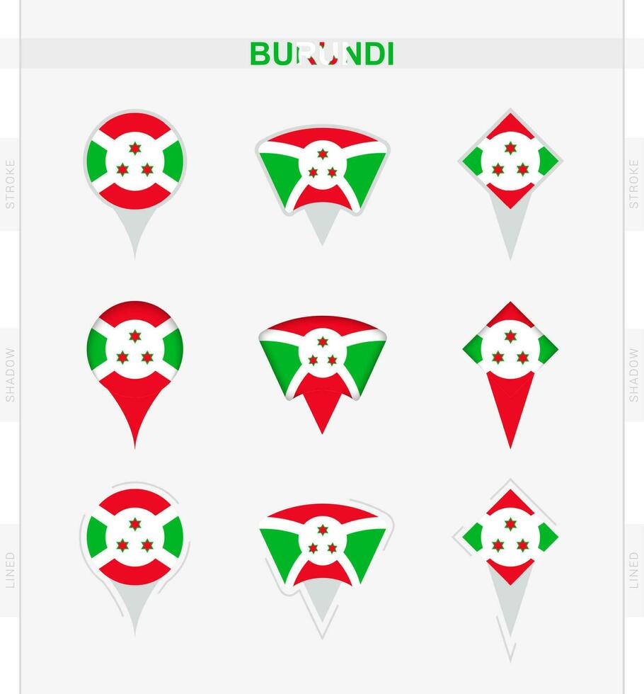 Burundi bandera, conjunto de ubicación alfiler íconos de Burundi bandera. vector