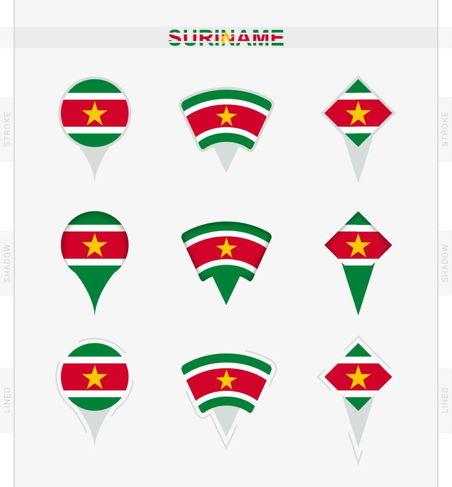 Surinam bandera, conjunto de ubicación alfiler íconos de Surinam bandera. vector