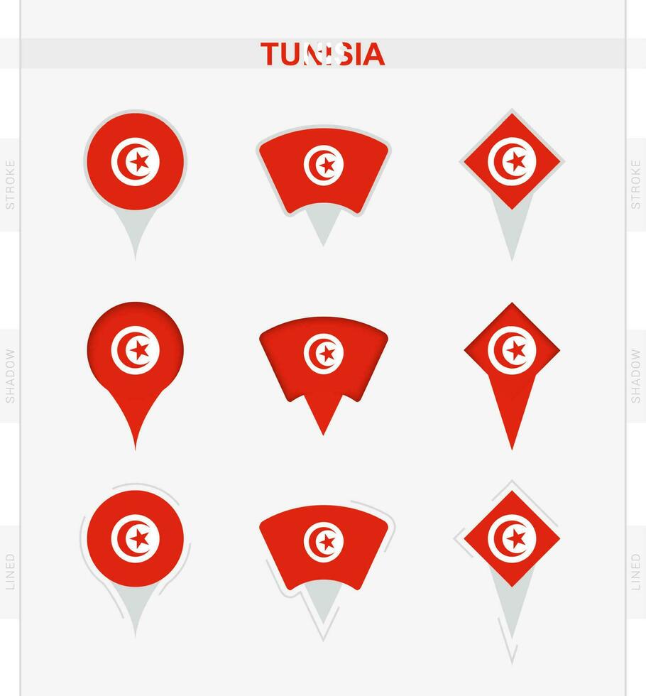 Tunisia flag, set of location pin icons of Tunisia flag. vector