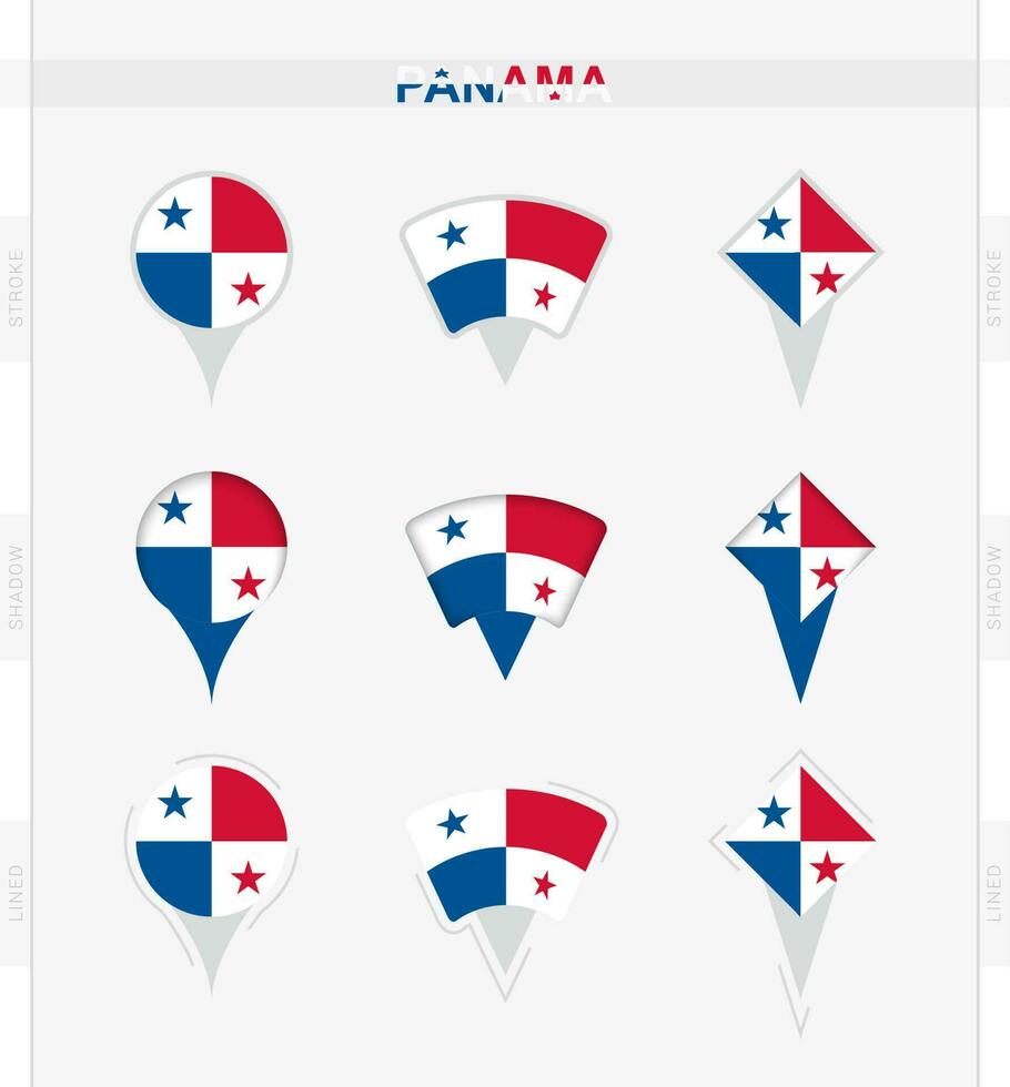 Panama flag, set of location pin icons of Panama flag. vector