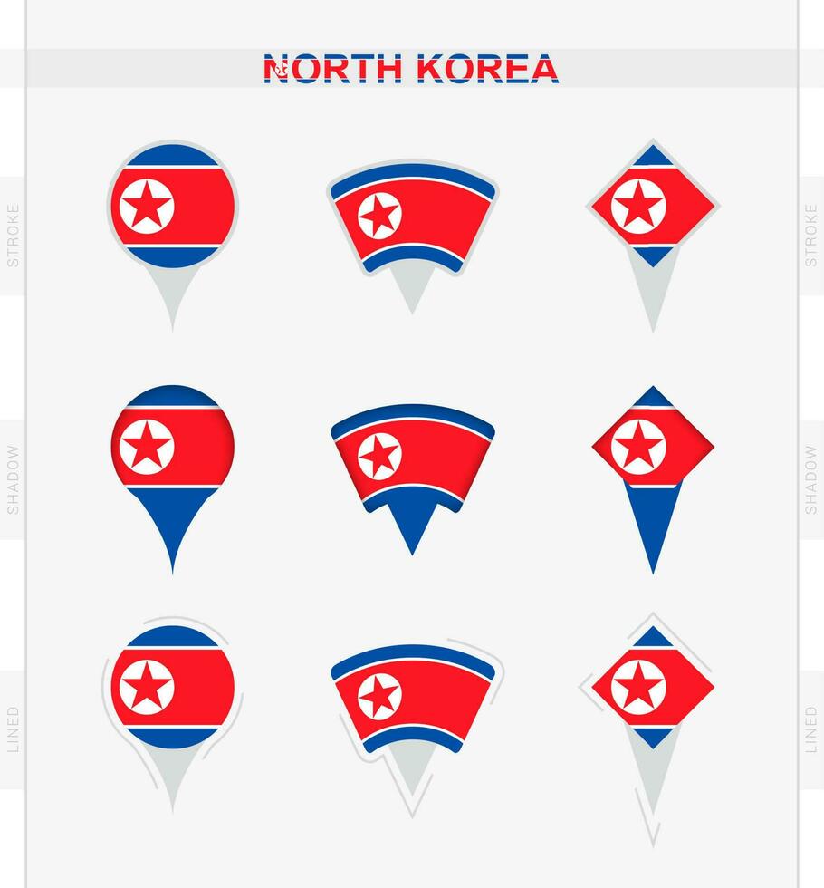 norte Corea bandera, conjunto de ubicación alfiler íconos de norte Corea bandera. vector