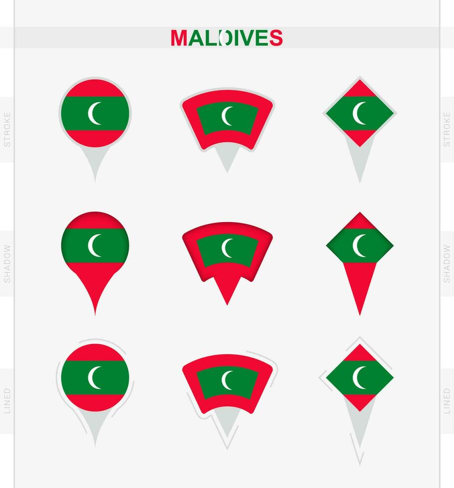 Maldivas bandera, conjunto de ubicación alfiler íconos de Maldivas bandera. vector