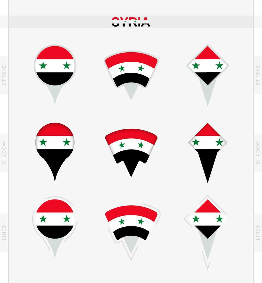 Siria bandera, conjunto de ubicación alfiler íconos de Siria bandera. vector