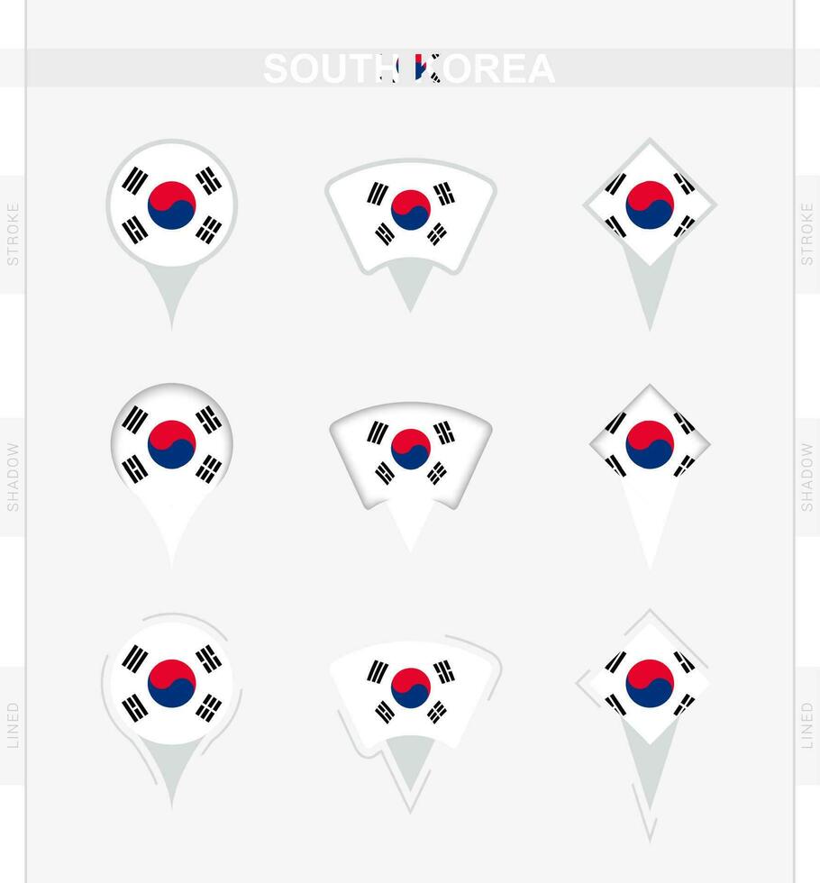 sur Corea bandera, conjunto de ubicación alfiler íconos de sur Corea bandera. vector