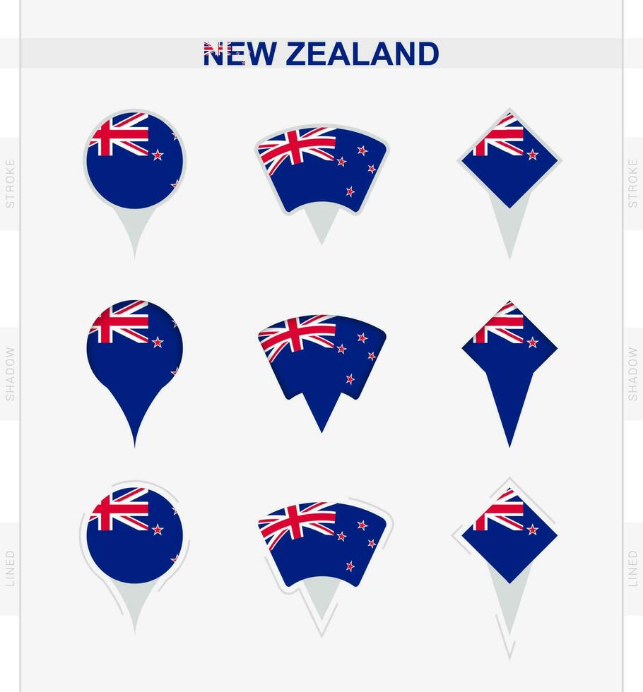 New Zealand flag, set of location pin icons of New Zealand flag. vector