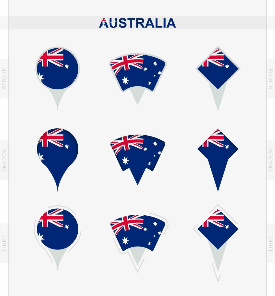 Australia bandera, conjunto de ubicación alfiler íconos de Australia bandera. vector