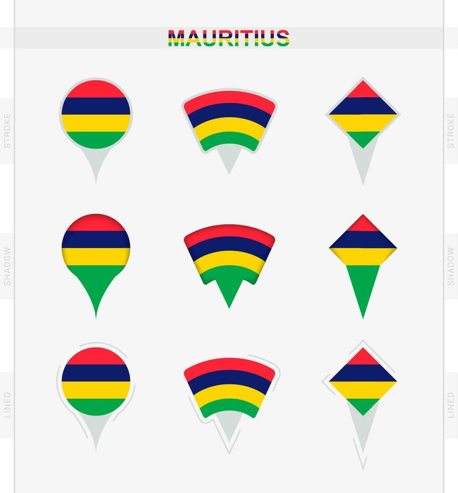 Mauricio bandera, conjunto de ubicación alfiler íconos de Mauricio bandera. vector