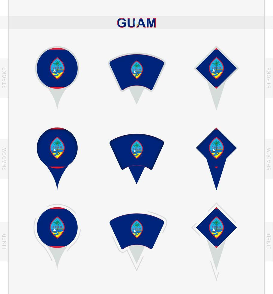 Guam flag, set of location pin icons of Guam flag. vector