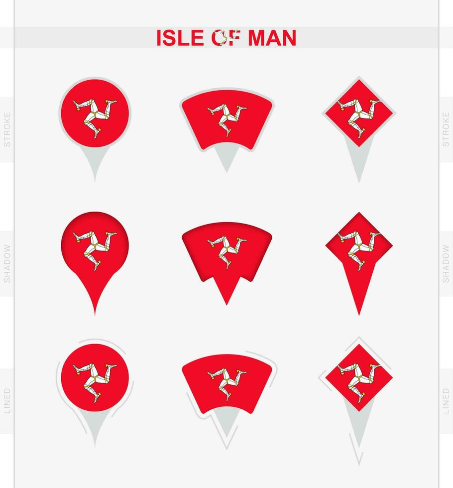 Isle of Man flag, set of location pin icons of Isle of Man flag. vector