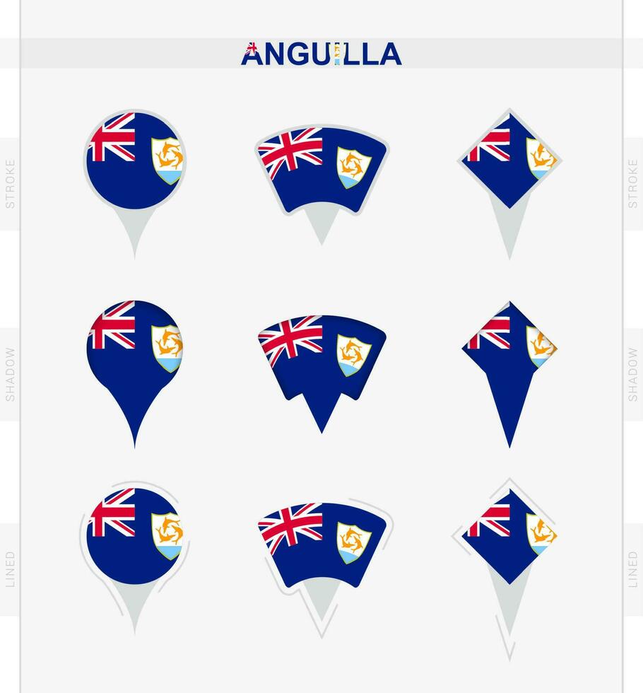 Anguilla flag, set of location pin icons of Anguilla flag. vector