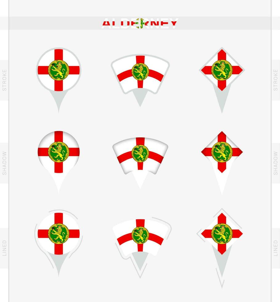 Alderney flag, set of location pin icons of Alderney flag. vector