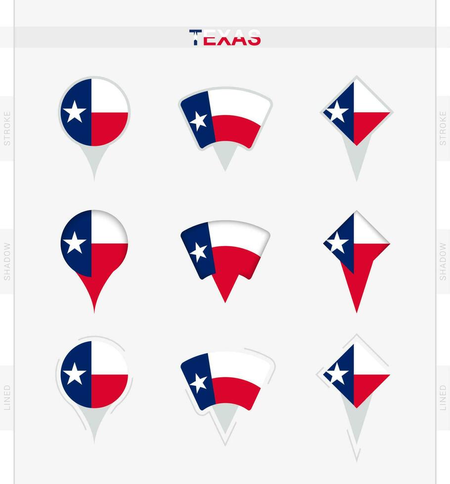 Texas flag, set of location pin icons of Texas flag. vector