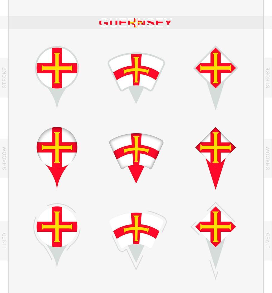 Guernsey flag, set of location pin icons of Guernsey flag. vector