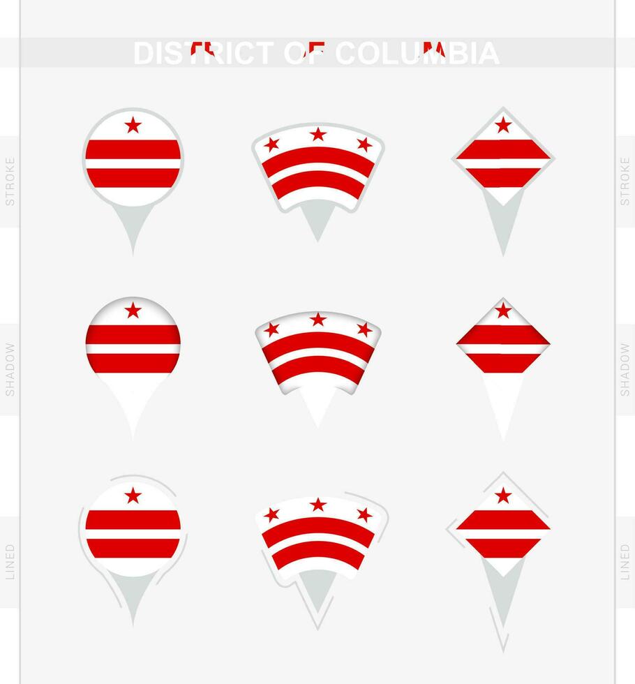 District of Columbia flag, set of location pin icons of District of Columbia flag. vector