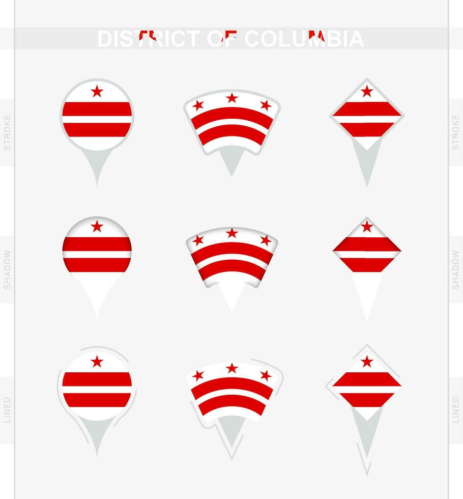 District of Columbia flag, set of location pin icons of District of Columbia flag. vector