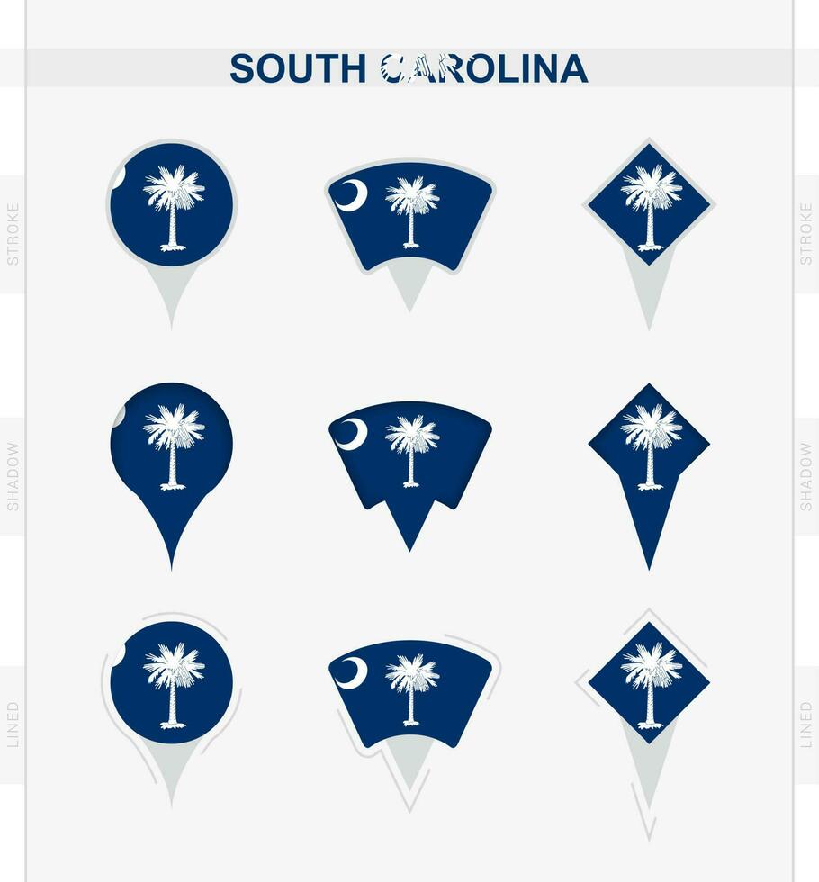 South Carolina flag, set of location pin icons of South Carolina flag. vector