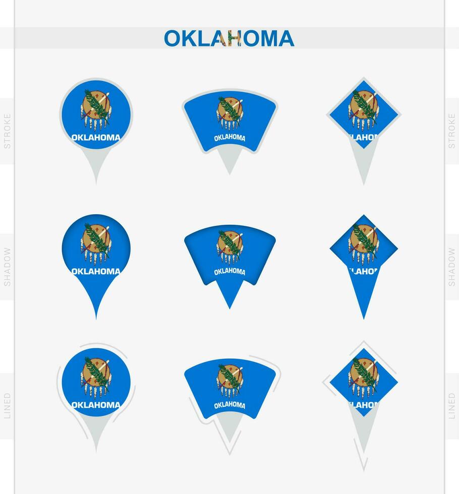 Oklahoma flag, set of location pin icons of Oklahoma flag. vector