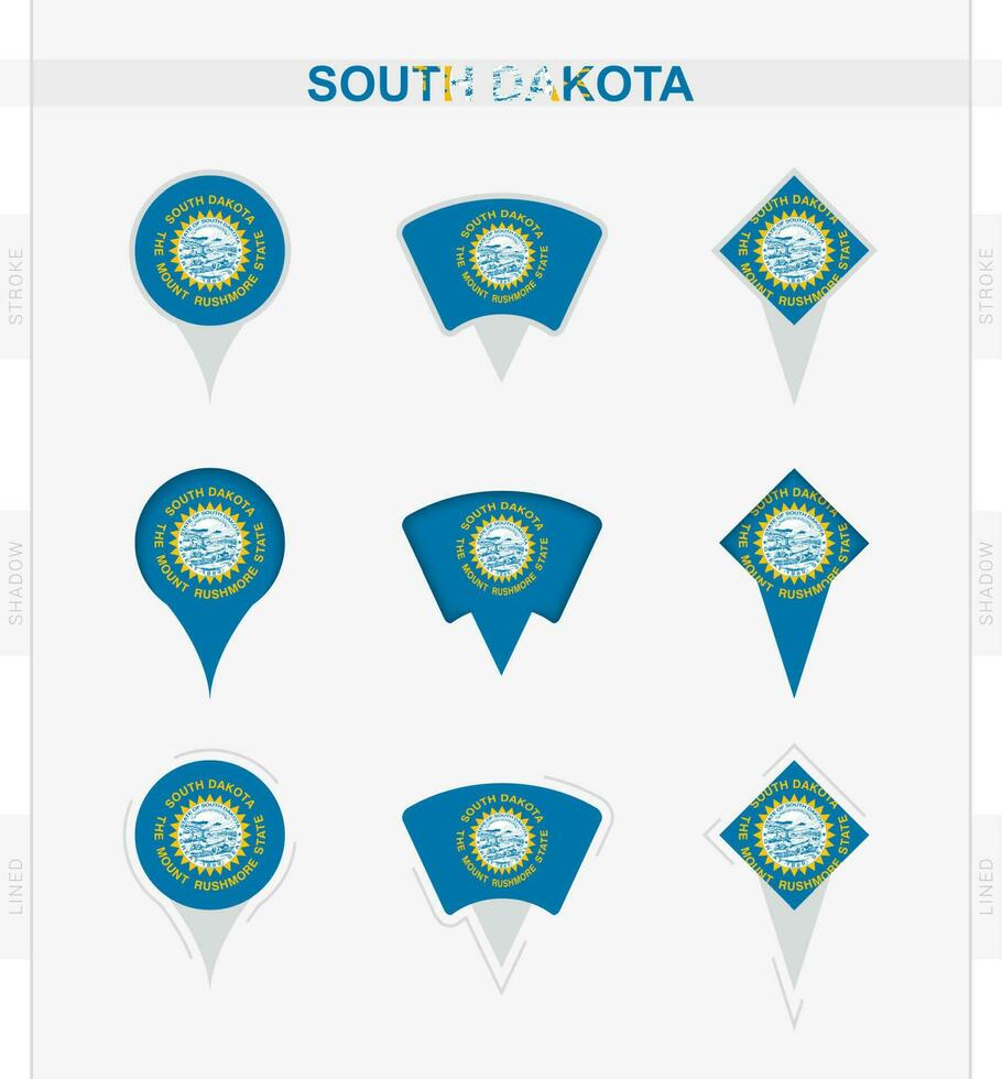 South Dakota flag, set of location pin icons of South Dakota flag. vector