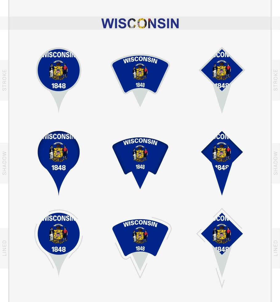 Wisconsin bandera, conjunto de ubicación alfiler íconos de Wisconsin bandera. vector