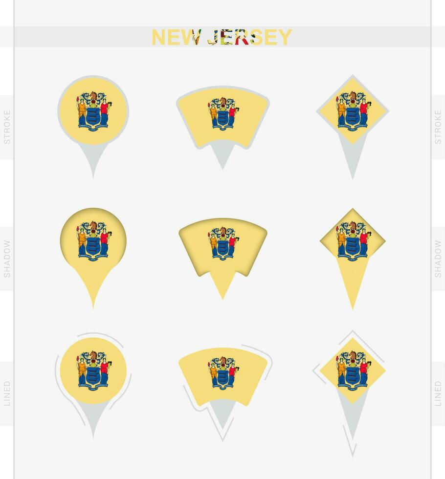 New Jersey flag, set of location pin icons of New Jersey flag. vector