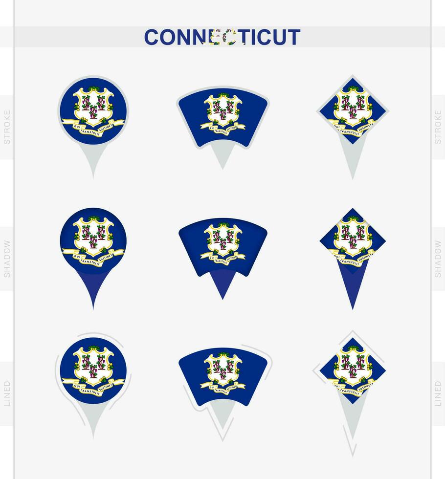 Connecticut flag, set of location pin icons of Connecticut flag. vector