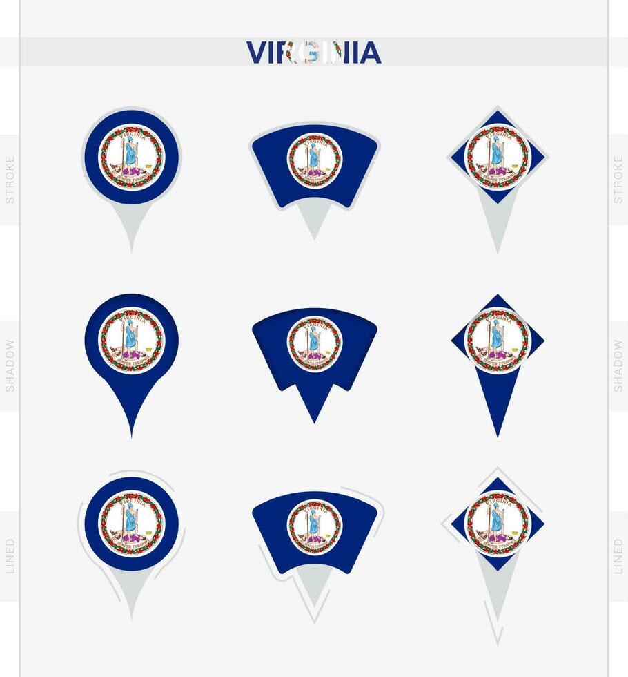 Virginia flag, set of location pin icons of Virginia flag. vector