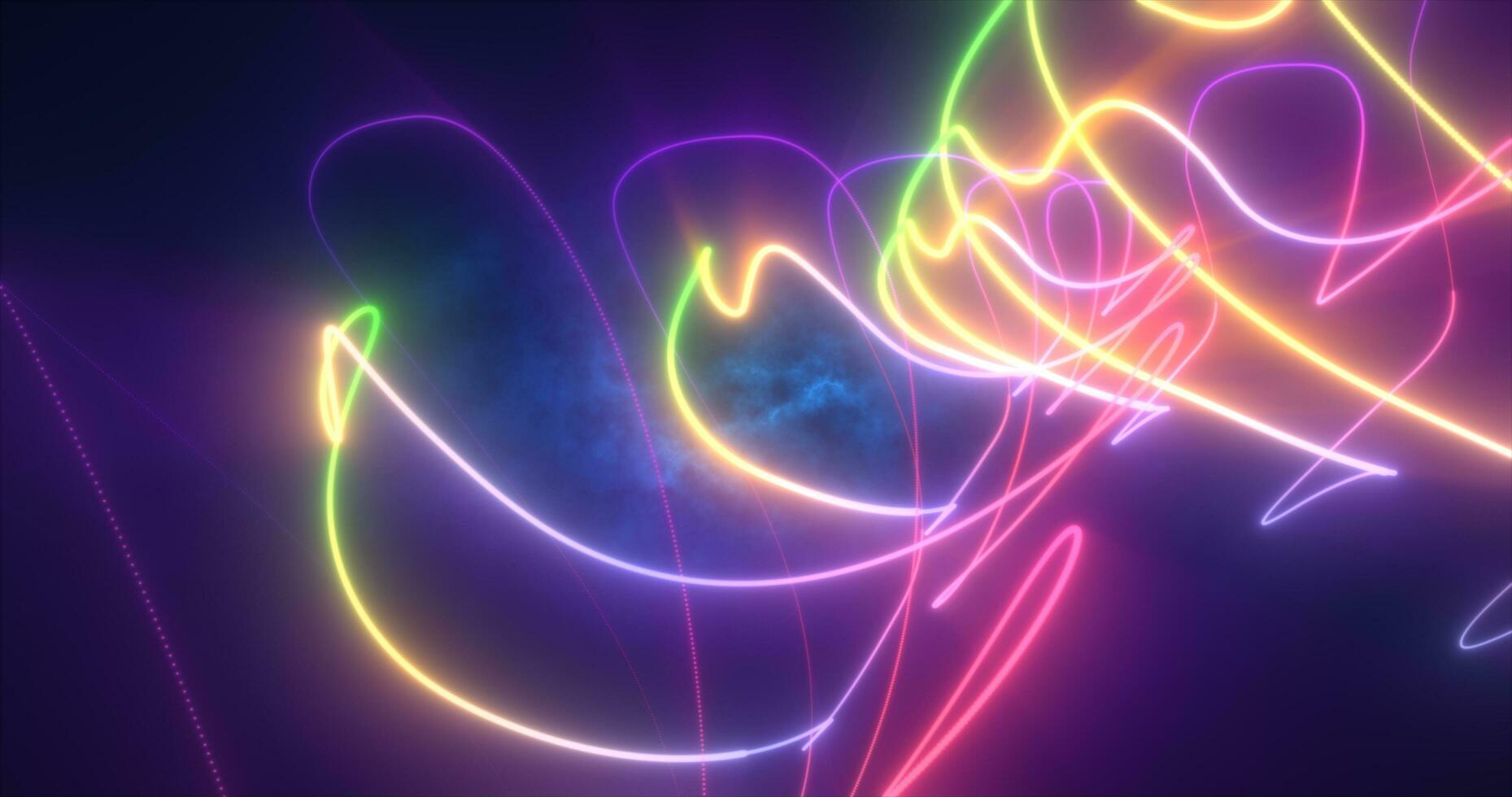 Abstract multi-colored rainbow neon energy laser lines flying on a black background photo