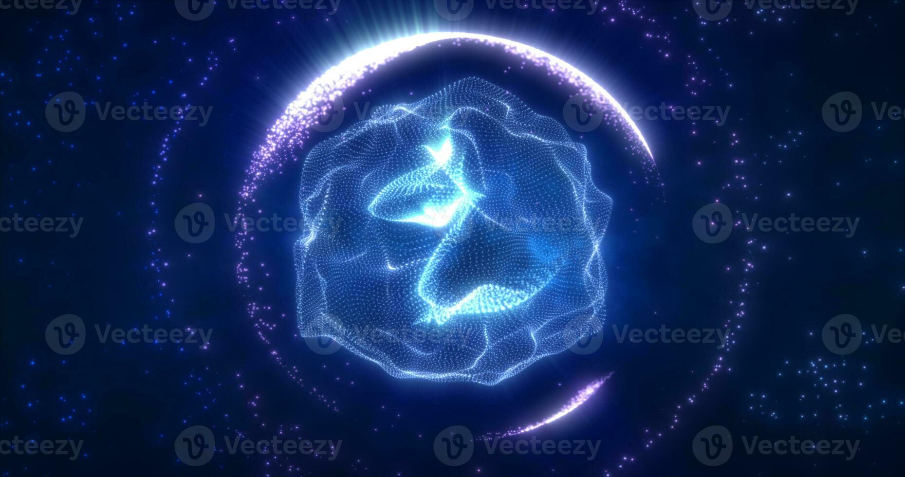 Abstract blue energy sphere from particles and waves of magical glowing on a dark background photo