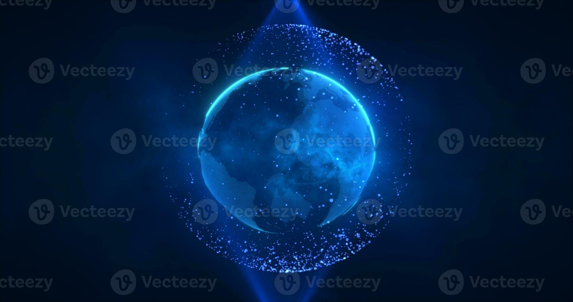 Abstract blue planet earth spinning with futuristic high-tech particles bright glowing magical energy, abstract background photo