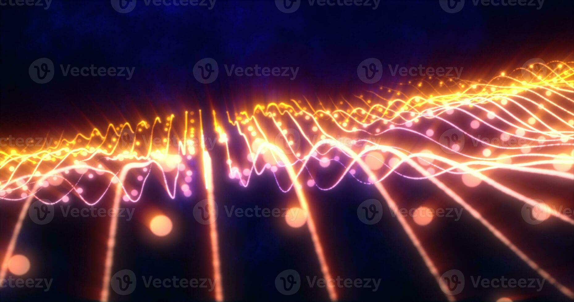 Abstract yellow orange shiny glowing lines rays of energy and magic waves from particles and dots, abstract background photo