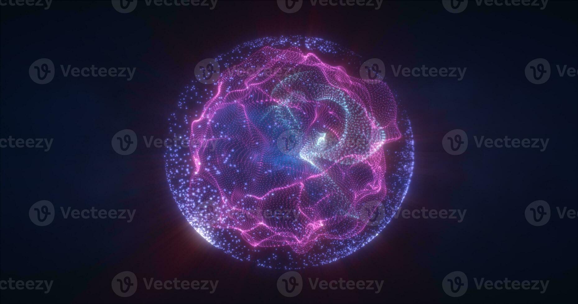 Abstract purple energy sphere from particles and waves of magical glowing on a dark background photo