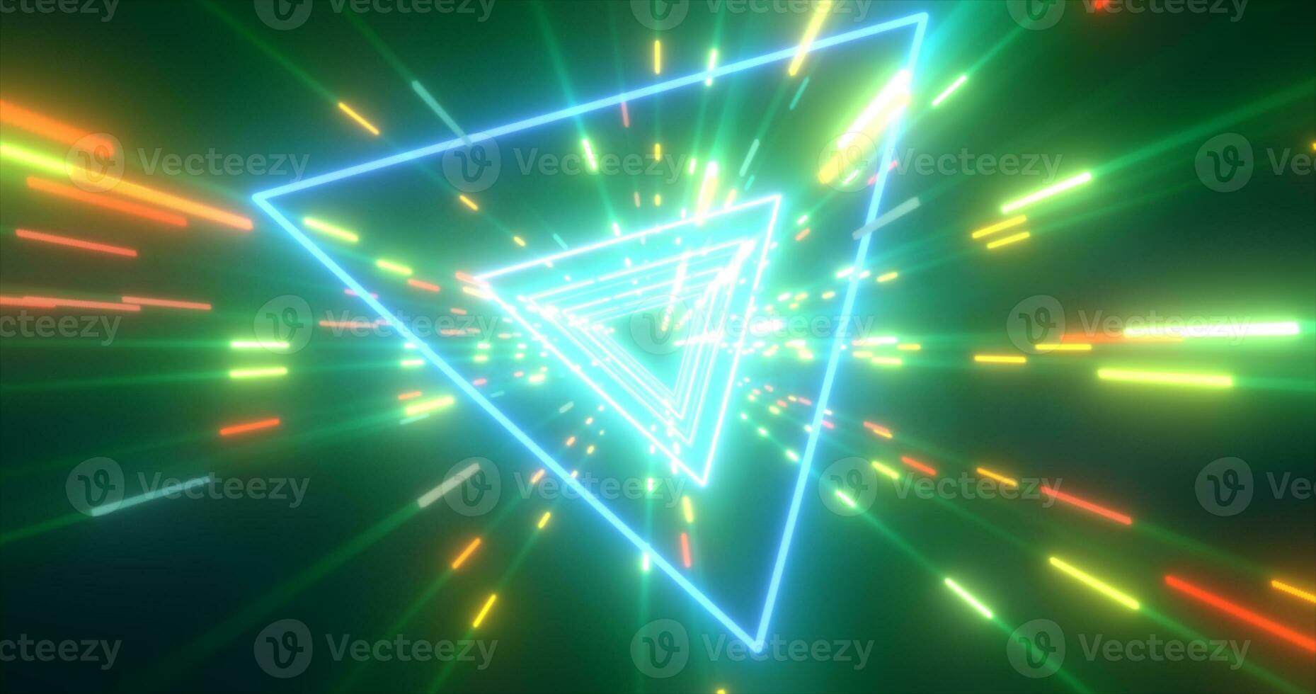 Abstract green energy futuristic hi-tech tunnel of flying triangles and lines neon magic glowing background photo