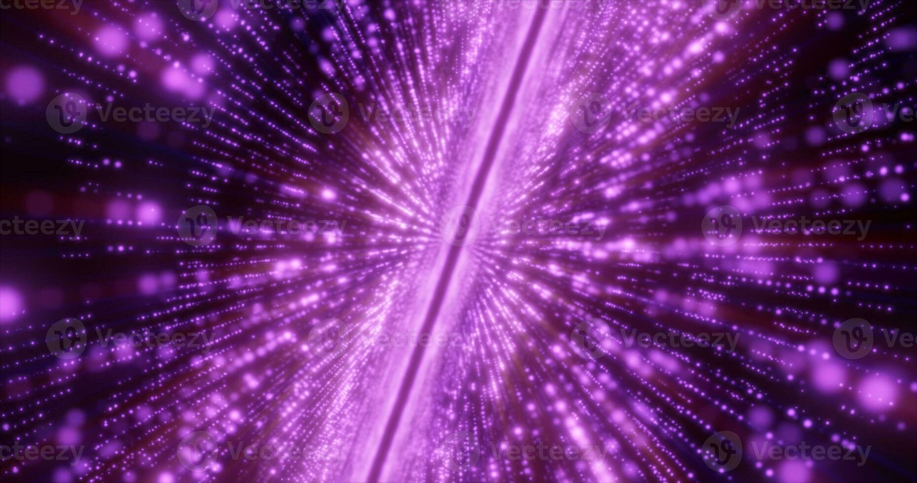 Abstract purple energy hi-tech lines and digital particles fly in a tunnel with bokeh effect glowing background photo